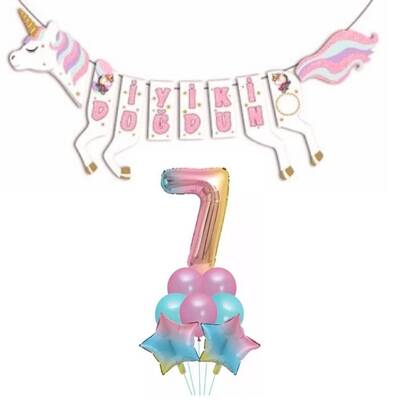 Şekilli Unicorn 7 Yaş İyi Ki Doğdun Gökkuşağı Balonlu Set