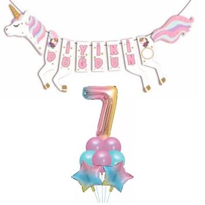 Şekilli Unicorn 7 Yaş İyi Ki Doğdun Gökkuşağı Balonlu Set - 1
