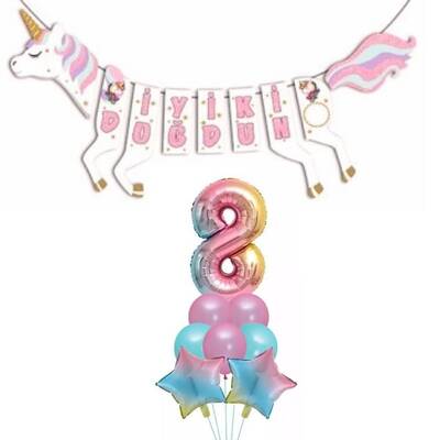 Şekilli Unicorn 8 Yaş İyi Ki Doğdun Gökkuşağı Balonlu Set