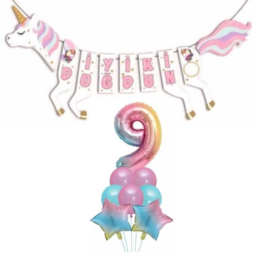 Şekilli Unicorn 9 Yaş İyi Ki Doğdun Gökkuşağı Balonlu Set