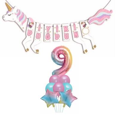 Şekilli Unicorn 9 Yaş İyi Ki Doğdun Gökkuşağı Balonlu Set