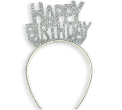 Simli Gümüş Happy Birthday Taç - Parti Sürprizi