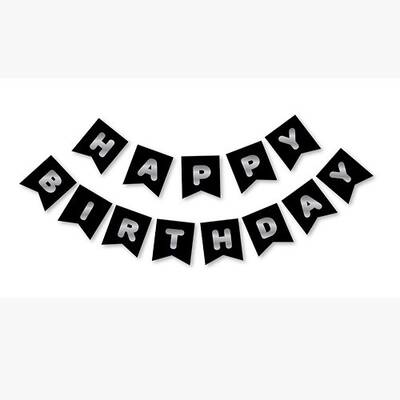 Siyah Gümüş Yaldızlı Happy Birthday Banner