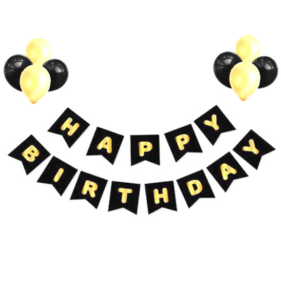 Siyah Üzeri Gold Baskılı Happy Birthday Balonlu Set