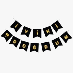 Siyah Üzerine Altın İyi ki Doğdun Bayrak Afiş - Parti Sürprizi