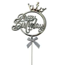 Taçlı Gümüş Happy Birthday Fiyonklu Pasta Süsü - Parti Sürprizi