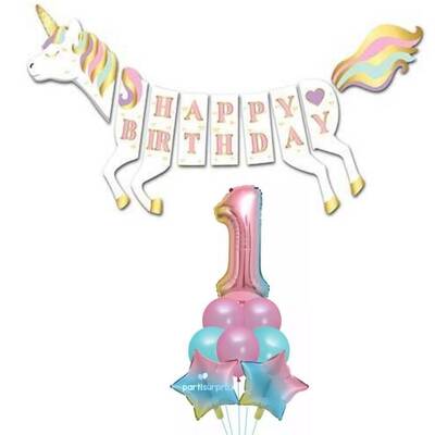 Unicorn 1 Yaş Happy Birthday Gökkuşağı Balonlu Set
