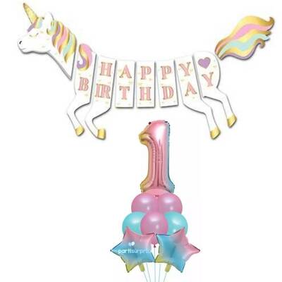 Unicorn 1 Yaş Happy Birthday Gökkuşağı Balonlu Set - 1