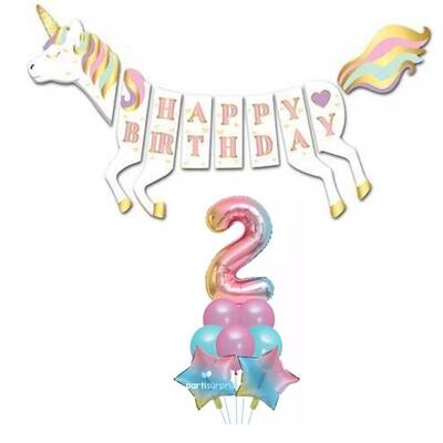 Unicorn 2 Yaş Happy Birthday Gökkuşağı Balonlu Set