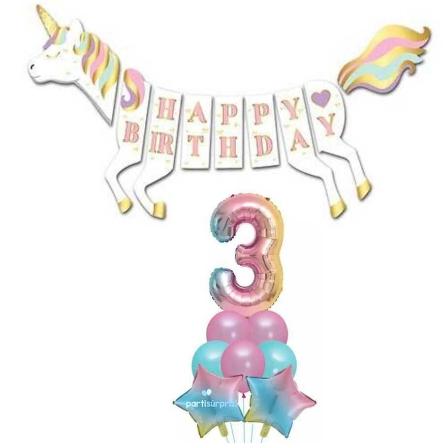 Unicorn 3 Yaş Happy Birthday Gökkuşağı Balonlu Set