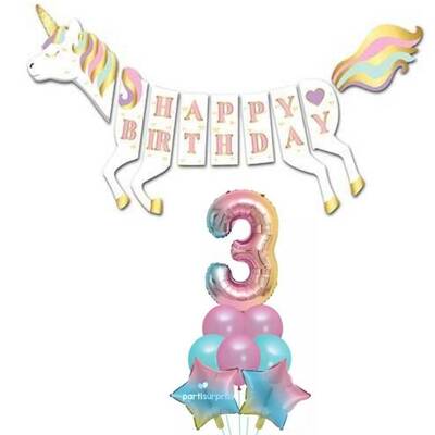 Unicorn 3 Yaş Happy Birthday Gökkuşağı Balonlu Set