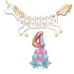 Unicorn 4 Yaş Happy Birthday Gökkuşağı Balonlu Set - Parti Sürprizi