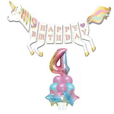 Unicorn 4 Yaş Happy Birthday Gökkuşağı Balonlu Set