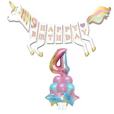 Unicorn 4 Yaş Happy Birthday Gökkuşağı Balonlu Set - 1