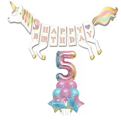Unicorn 5 Yaş Happy Birthday Gökkuşağı Balonlu Set - Parti Sürprizi