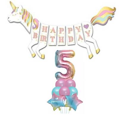 Unicorn 5 Yaş Happy Birthday Gökkuşağı Balonlu Set