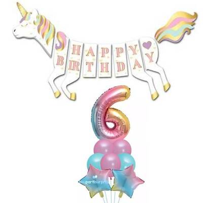 Unicorn 6 Yaş Happy Birthday Gökkuşağı Balonlu Set