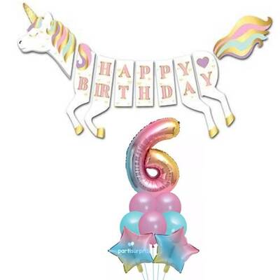 Unicorn 6 Yaş Happy Birthday Gökkuşağı Balonlu Set - 1