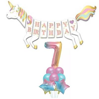 Unicorn 7 Yaş Happy Birthday Gökkuşağı Balonlu Set