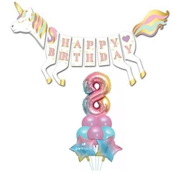 Unicorn 8 Yaş Happy Birthday Gökkuşağı Balonlu Set - Parti Sürprizi