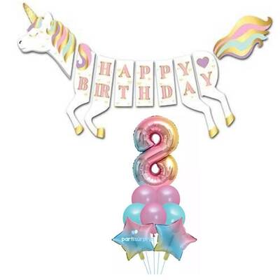 Unicorn 8 Yaş Happy Birthday Gökkuşağı Balonlu Set