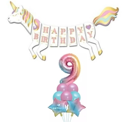 Unicorn 9 Yaş Happy Birthday Gökkuşağı Balonlu Set - Parti Sürprizi