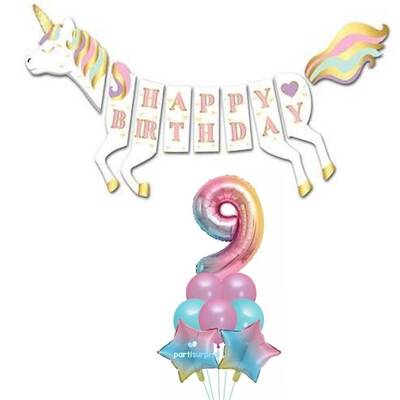 Unicorn 9 Yaş Happy Birthday Gökkuşağı Balonlu Set