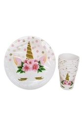 Unicorn Çiçekli Tabak Bardak Set 8 Adet - Parti Sürprizi