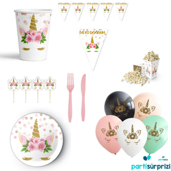 Unicorn Çiçekli Tema Parti Seti 8 Kişilik - Parti Sürprizi