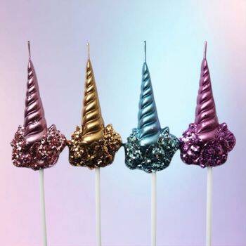 Unicorn Gökkuşağı Simli Boynuz Şekilli Lüx Mum 4 Adet - 1