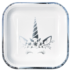 Unıcorn Gümüş Baskılı Kare Tabak 6 Adet - Parti Sürprizi