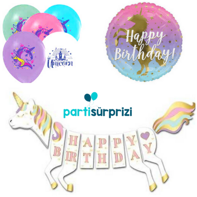 Unicorn Şekilli Happy Birthday Balonlu Set