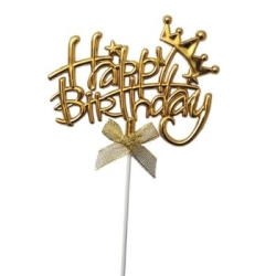 Yıldızlı Altın Happy Birthday Fiyonklu Pasta Süsü - Parti Sürprizi