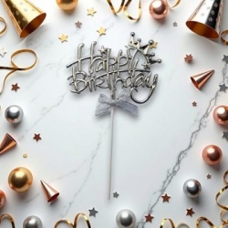 Yıldızlı Gümüş Happy Birthday Fiyonklu Pasta Süsü - Parti Sürprizi